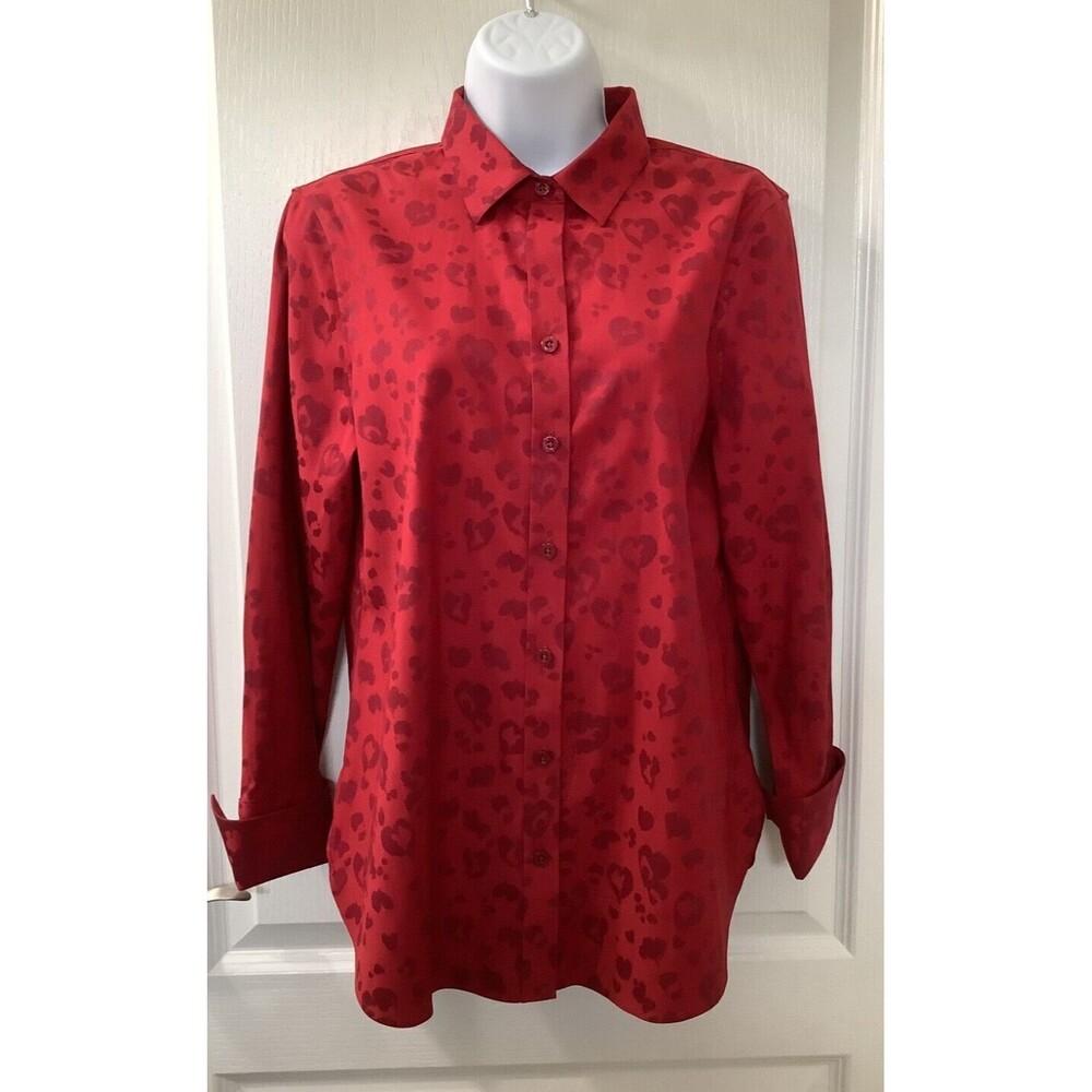 Chicos Blouse Womens Size 0 US 4 Button Up Tonal Leopard Heart Print Red